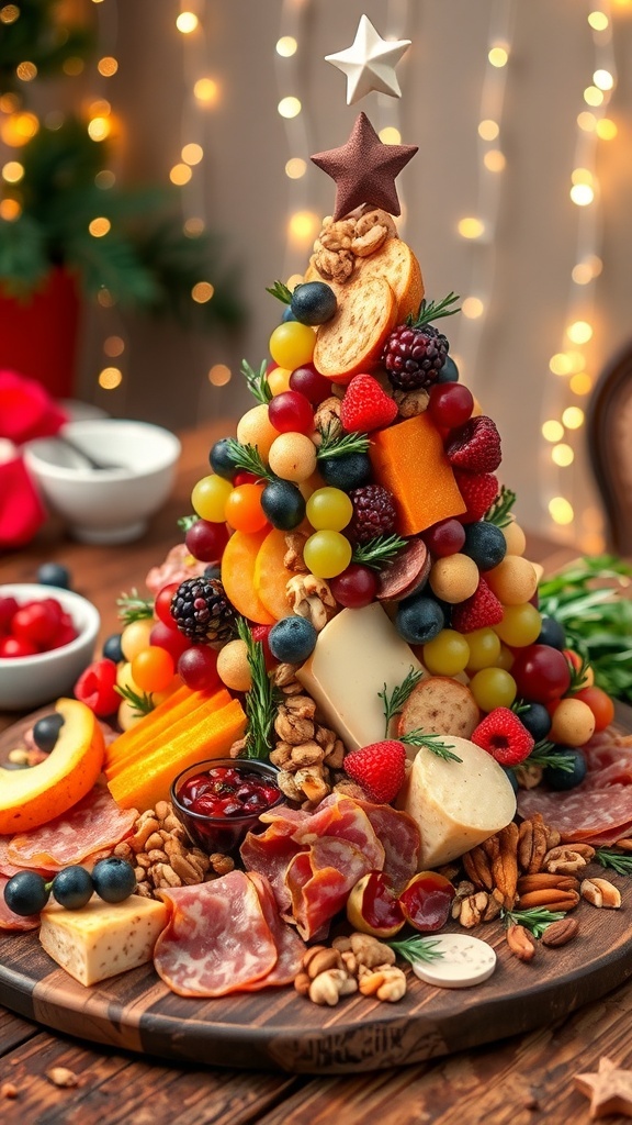 A festive charcuterie board tree with meats, cheeses, fruits, and nuts, garnished with herbs, on a rustic table.